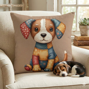 Coussin Art populaire fantaisiste de chiot en patchwork Co