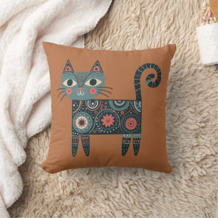 Coussin Art populaire fantaisiste Rétro Boho Chat en argil
