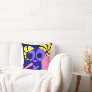 Coussin art populaire mexicain rose et bleu sur