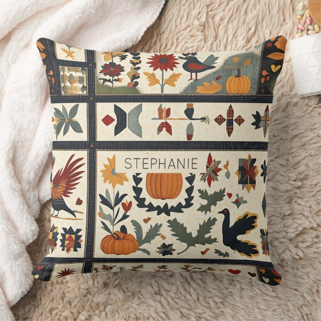Coussin Art populaire Motif de courtepointe d'automne | Ré (Couverture)