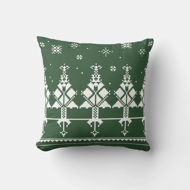 Coussin Art populaire slave | Forêt d'hiver verte et blanc (Recto)