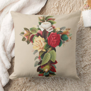 Coussin Art religieux croix botanique vintage de roses