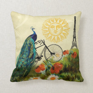 Coussin Art vintage de paon avec Tour Eiffel