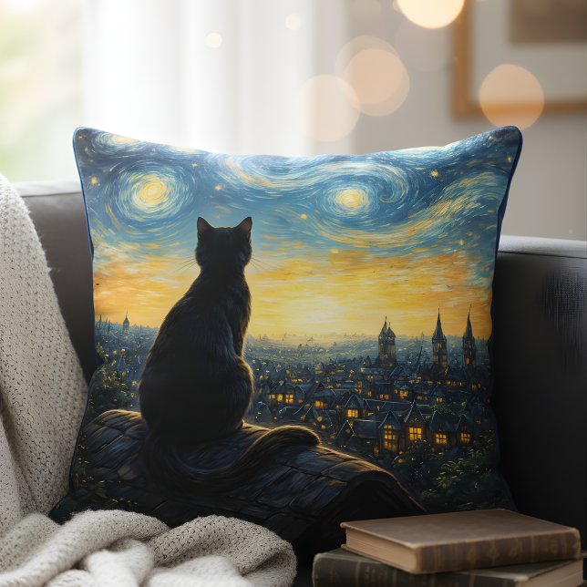 Coussin Artistic Black Cat & Celestial Town Decorative  (Créateur téléchargé)