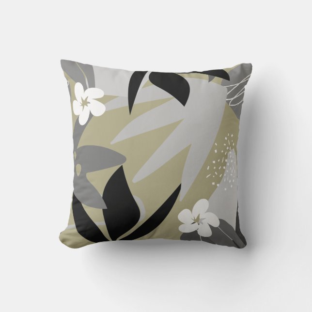 Coussin Artistique Abstrait Botanique | Vert gris et gris (Recto)