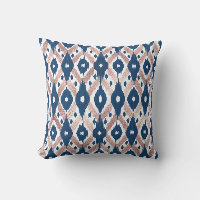 Coussin Artsy moderne Rose or Marine bleu Ikat Geo (Recto)
