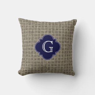 Coussin Aspect Toile de Jute Rustique, Monogramme Quatrefe