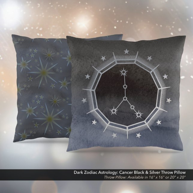Coussin Astrologie Zodiaque foncée : Cancer Noir & Argent (Dark Zodiac Astrology: Cancer Black & Silver Square Throw Pillow)