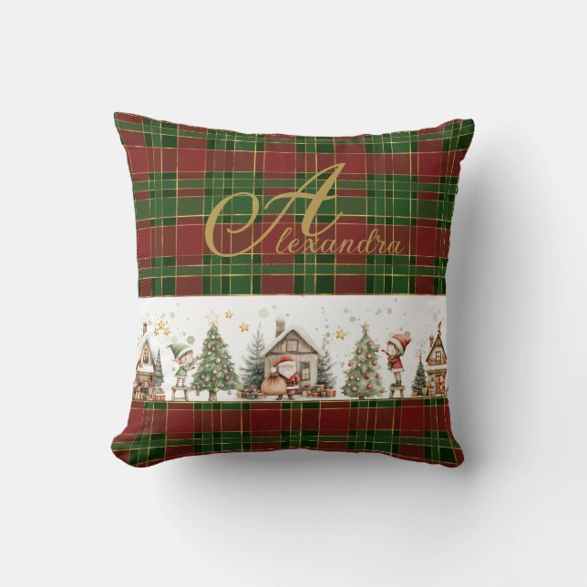 Coussin Atelier père Noël Elves Red Green Plaids Noël (Recto)