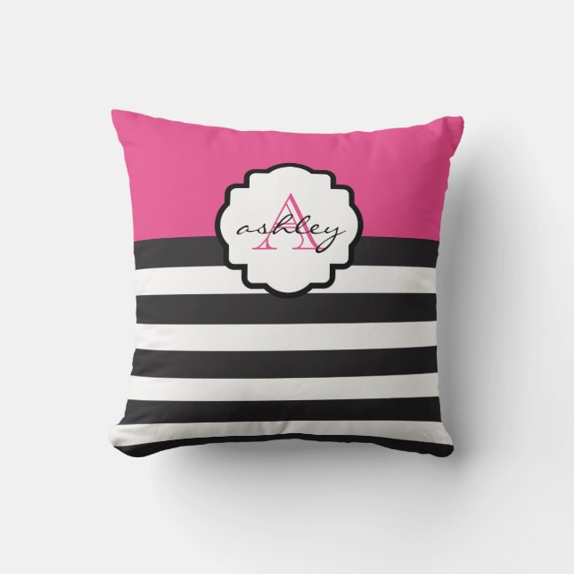 Coussin audacieux de monogramme de rayure de rose (Recto)