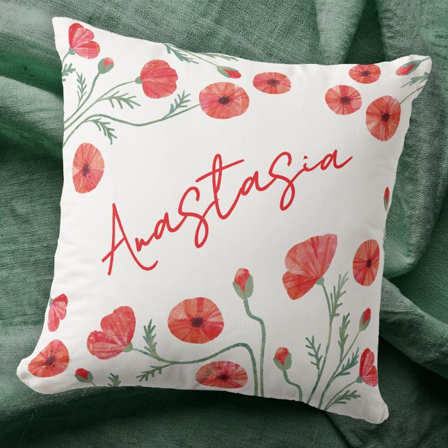 Coussin August Birth Month Flower Poppy Personalized (August birthday birth flower month poppy personalized custom name throw pillow gift)