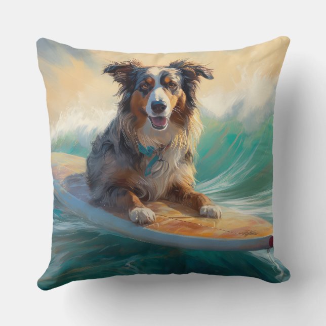 Coussin Australian Shepherd Beach Surfing Peinture (Verso)