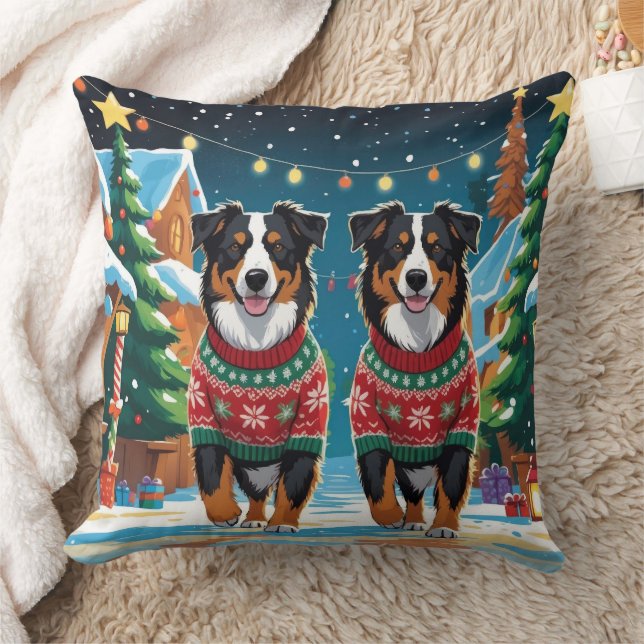 Coussin Australian Shepherd Dogs Christmas Snow Holiday (Couverture)