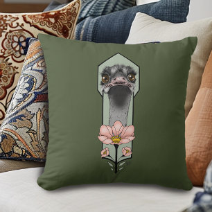 Coussin Autruche Rose Fleurs Vert Olive Art Déco