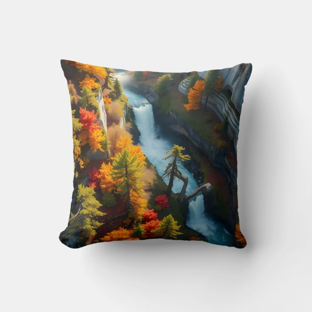 Coussin Autumn Canyon Waterfall – Vibrant Fall Forest Land (Recto)