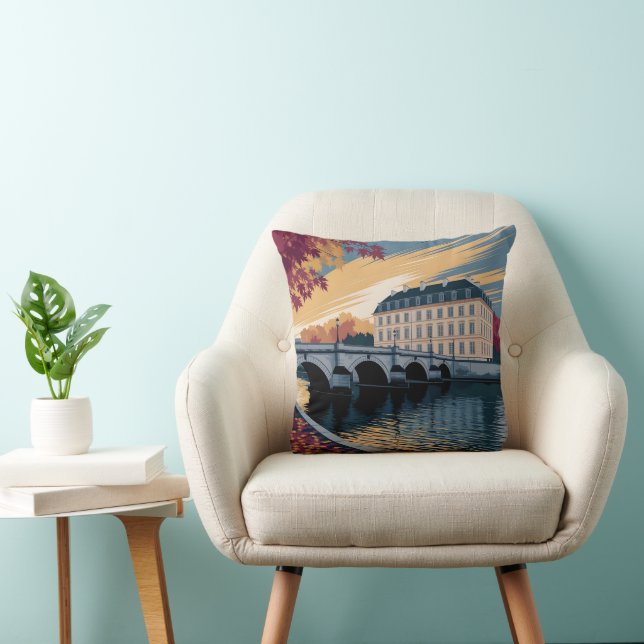 Coussin Autumn Riverside European City Illustration Art (Chaise)