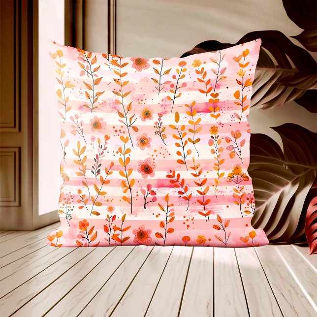Coussin Ava Leigh rose et orange aquarelle Floral (Créateur téléchargé)
