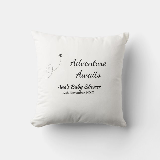 Coussin Aventure attend baby shower ajouter nom date plan  (Recto)