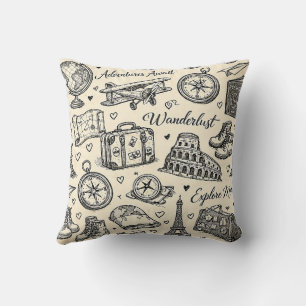 Coussin Aventures de voyage vintage motif sans couture