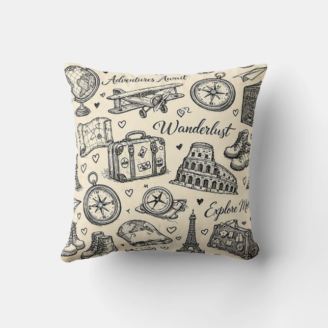 Coussin Aventures de voyage vintage motif sans couture (Verso)