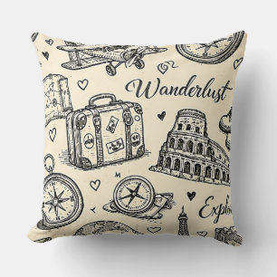 Coussin Aventures de voyage vintage motif sans couture