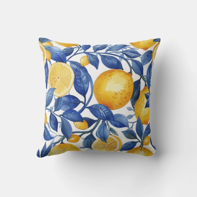 Coussin Azulejo Lemons Feuilles bleus #1 (Verso)