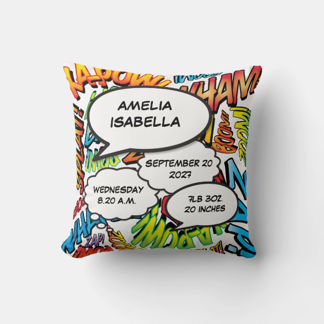 Coussin Baby Birth Stats Comic Book Pop Art Keepsaké (Recto)