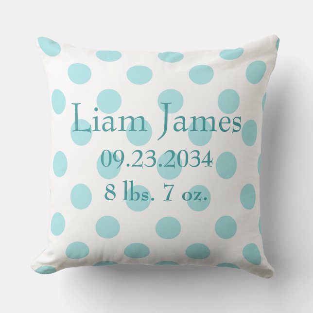 Coussin Baby Boy Blue À petits pois Birth Stats Nursery (Recto)