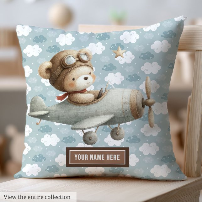 Coussin Baby Boy Douche Idée cadeau Teddy Bear Pilote Cous (Baby Boy Shower Gift Idea Teddy Bear Pilot Pillow)