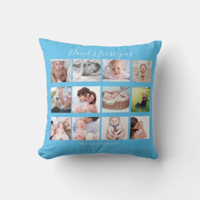 Coussin Baby Boy First Year Photo Collage Gift Blue (Recto)