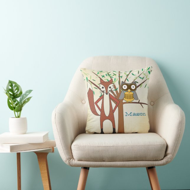 Coussin Baby Boy's Room personnalisée Cute Fox and Owl (Chaise)
