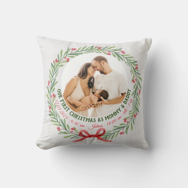 Coussin Baby First Christmas Custom 2-Photo & Birth Stats (Recto)