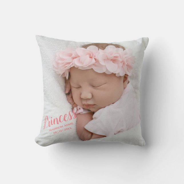 Coussin Baby Girl Pink Script Photo Birth Keepsaké (Recto)