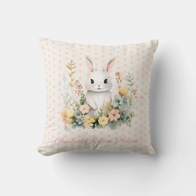 Coussin Baby Girl rose lapin et fleurs personnalisées (Recto)