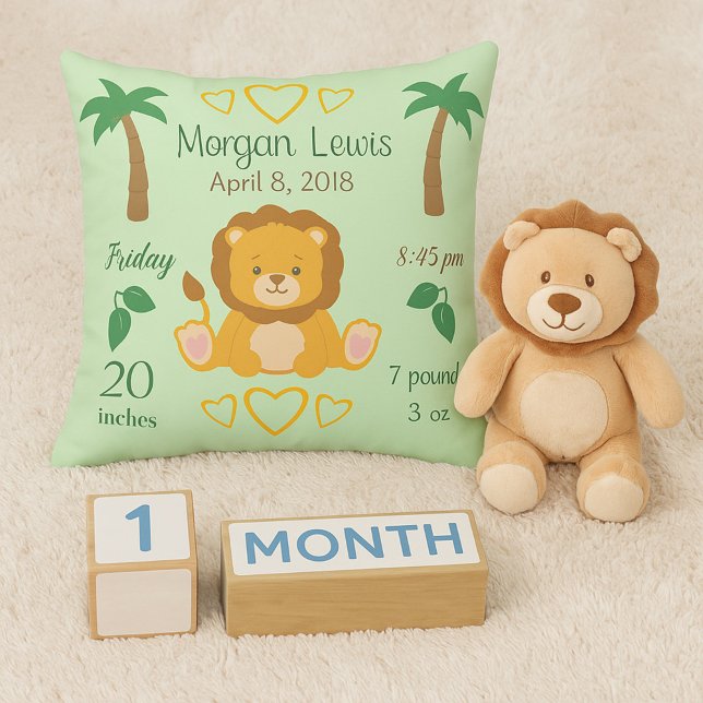 Coussin Baby Nursery Lion Safari statistiques de naissance (Créateur téléchargé)