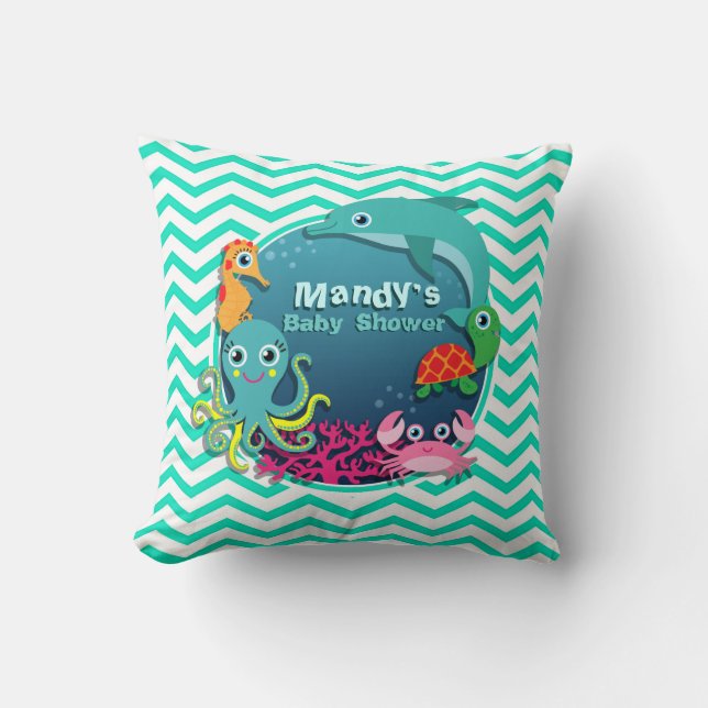 Coussin Baby shower à thème Océan ; Aqua Green Chevron (Recto)
