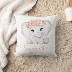 Coussin Baby shower éléphant rose personnalisé pour filles