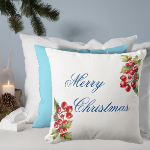 Coussin Baies de houx blanches de Noël Joyeux Noël