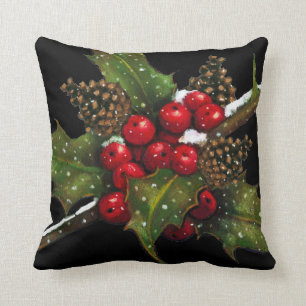 Coussin Baies de houx : Peinture de Noël sur le noir : Ar