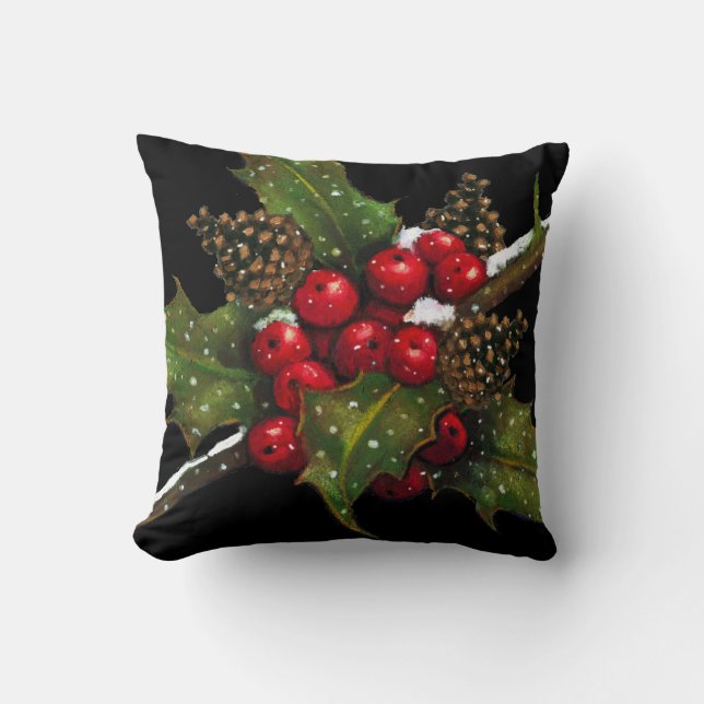 Coussin Baies de houx : Peinture de Noël sur le noir : Art (Recto)