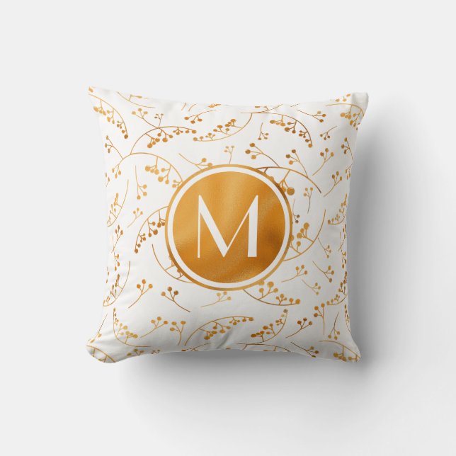 Coussin Baies d'or monogramme élégant sur motif blanc (Recto)