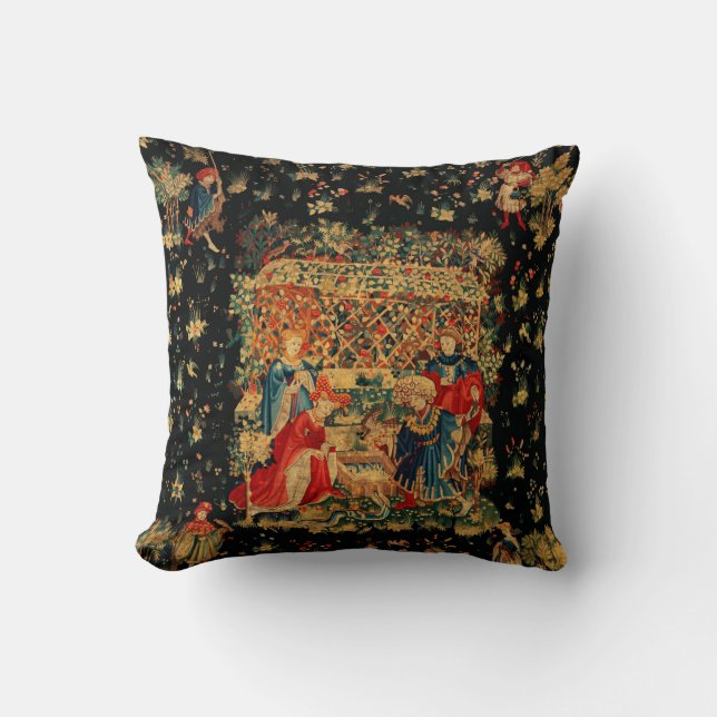 Coussin BAIN FALCONS BAIN Bleu Rouge Tapisserie médiévale  (Recto)