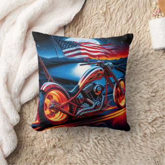 Coussin Balade en moto sous la lune avec drapeau américain