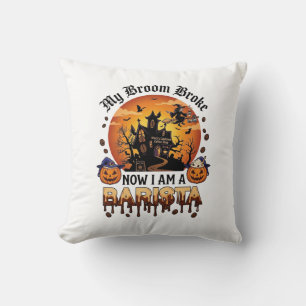 Coussin Balai Brisé Barista Halloween Sorcière Café Citrou
