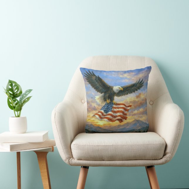 Coussin Bald Eagle Flying With American Flag (Chaise)