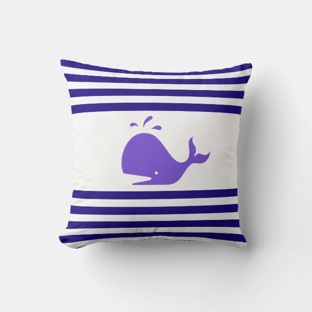 Coussin Baleine sur Nautical Navy Bleu et Blanc rayé (Recto)