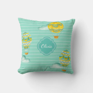 Coussin Ballons à air chaud jaune et aqua avec nom d'enfan