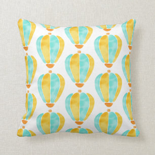 Coussin Ballons à air chauds d'aquarelle jaune et bleue