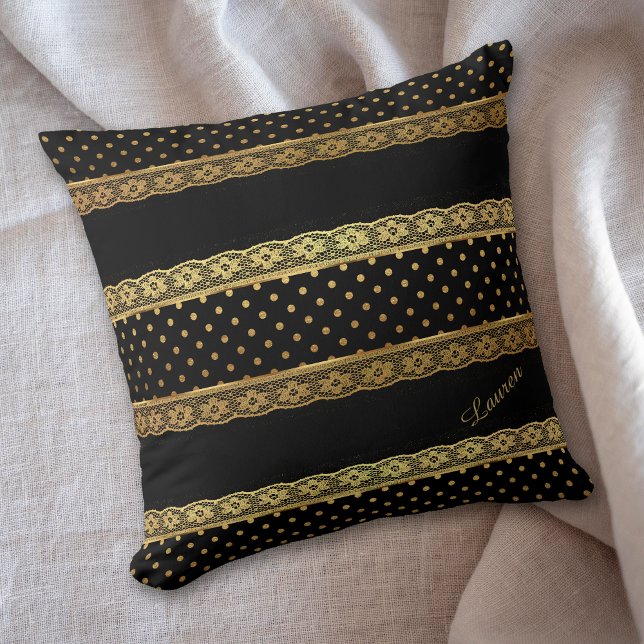 Coussin Bande de dentelle d'or Polkadot noir (Créateur téléchargé)