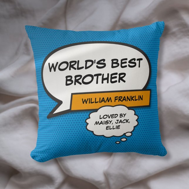 Coussin Bande dessinée Bleue de Meilleur Frère (World's Best Brother Fun Comic Typographic Blue Throw Pillow)